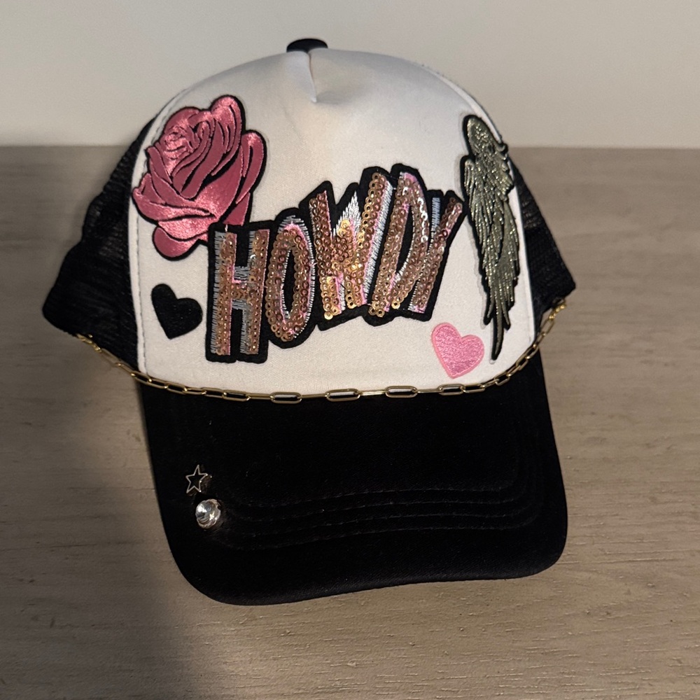 Sequin Howdy Embellished Trucker Hat - Black & White with Pink Accents